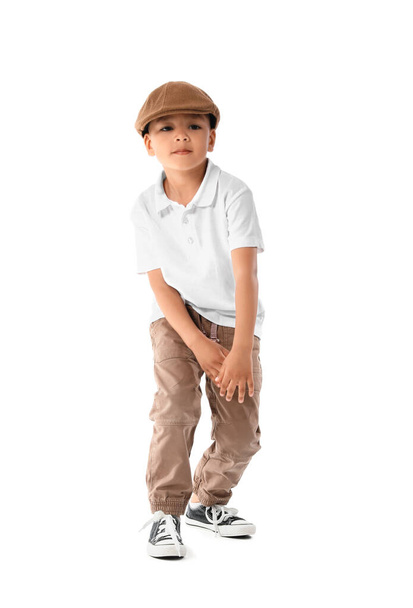 Cute dancing African-American boy on white background - Foto, Imagem