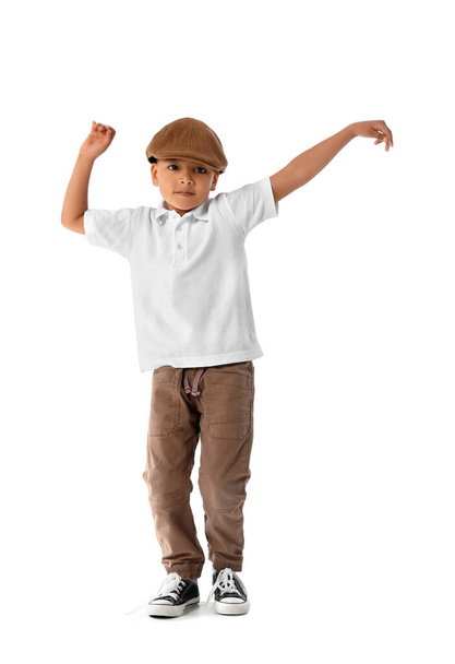 Cute dancing African-American boy on white background - Foto, Imagem