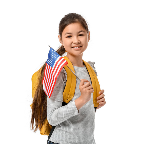Pupil of language school with USA flag on white background - Foto, Imagen