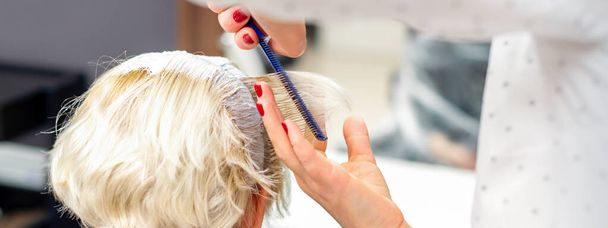 Kobieta fryzjer stylizacja krótkie białe włosy młodej blondynki z rąk i grzebień w salonie fryzjerskim - Zdjęcie, obraz