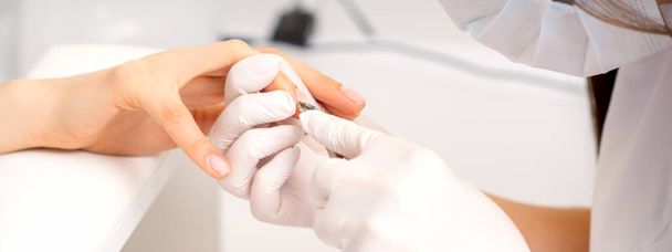 Close-up van manicure meester met manicure nipper snijdt nagelriemen van vrouwelijke nagels in schoonheidssalon - Foto, afbeelding