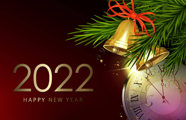 Vánoční přání se zlatými zvonky a kulatými hodinami, tmavě červený gradient - Vektor, obrázek