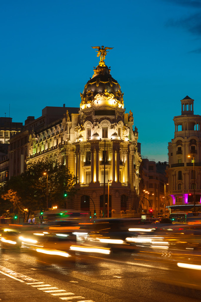 Alcala and Gran Via street in Madrid at night - Photo, Image