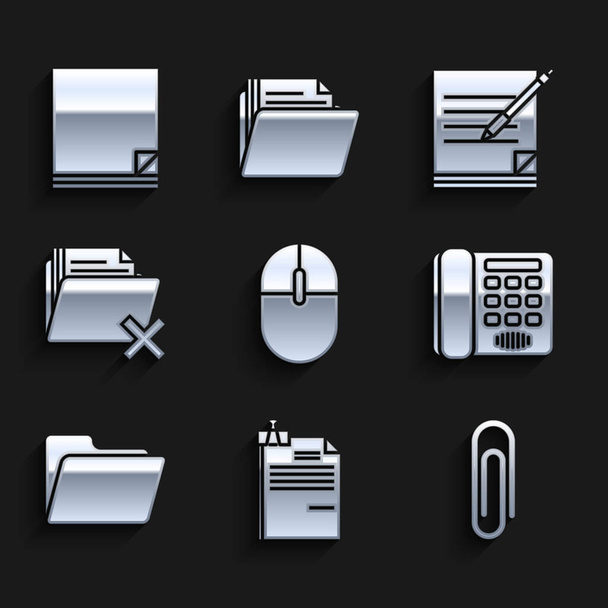 Set Computer mouse, File document and binder clip, Paper, Telephone, Document folder, Delete, Blank notebook pen and  icon. Vector - Vector, Image