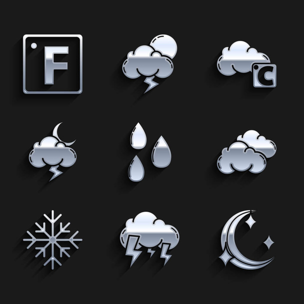 Definir gota de água, tempestade, lua e estrelas, nuvem, floco de neve, nuvem Celsius e ícone Fahrenheit. Vetor - Vetor, Imagem
