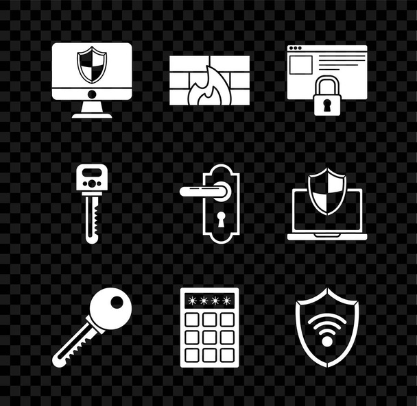 コンピュータの監視とシールドファイアウォールセキュリティウォールHTTPS SSLキーでサイトを保護パスワード保護の安全アクセスシールドWiFiワイヤレスインターネットネットワークとドアハンドルアイコン。ベクトル. - ベクター画像