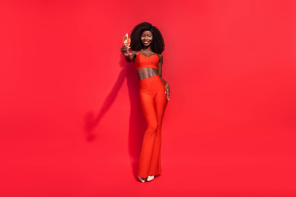 Full tělo portrét rozkošný spokojený rád dívka zvýšit hold drink retro izolované na červeném pozadí - Fotografie, Obrázek