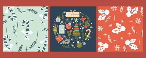 Állítsa be a karácsonyi vintage borítók gratulációk.Sablon nyalóka, Holly, játékok és ajándékok. Vektorillusztráció - Vektor, kép