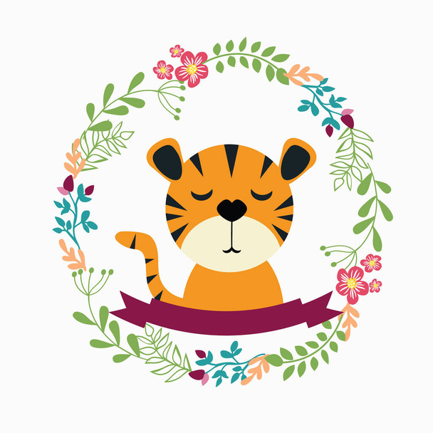 Vector cute tiger Decorative in Floral Frame flowers wreath, can be used as creating card, invitation card for wedding, birthday and background. - Vecteur, image