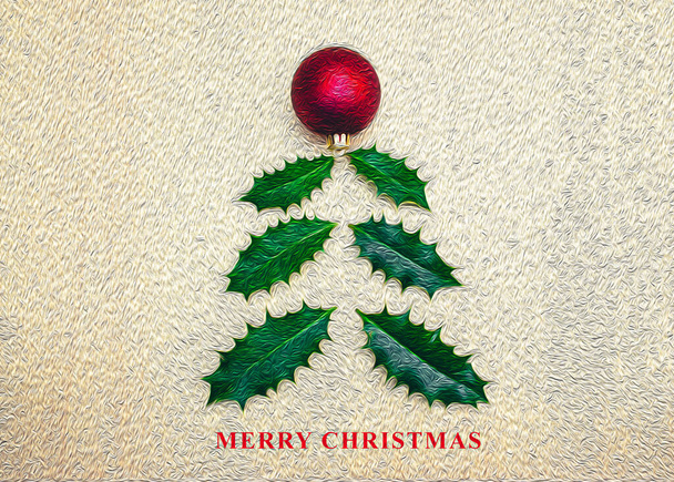 Oil painting greeting card with simple abstract Christmas tree made of holly leaves. - Fotoğraf, Görsel