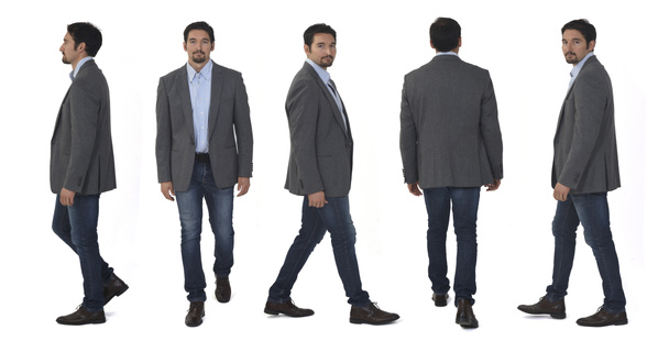 lijn van voor-, achter- en zijaanzicht van dezelfde man die op een witte rug loopt - Foto, afbeelding