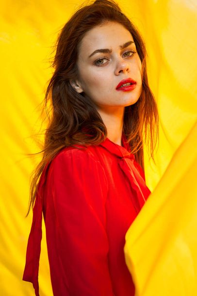 pretty woman in red dress nature yellow cloth on background - Foto, Imagen