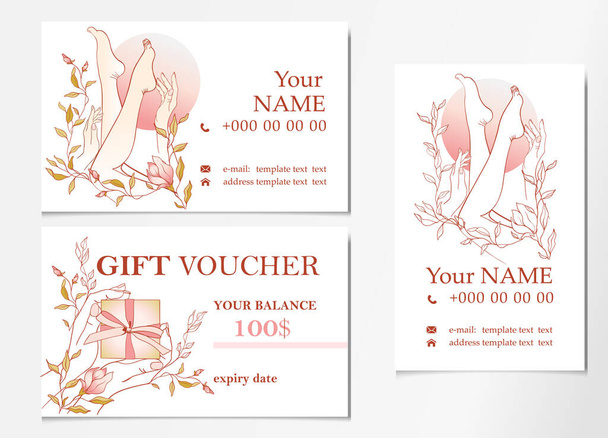 Manicure and pedicure master, business card template and gift certificate - Vector, Image