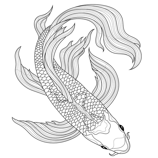 Koi carp fish.Coloring book antistress for children and adults. Zen-tangle style.Black and white drawing.Hand draw - Vector, Imagen