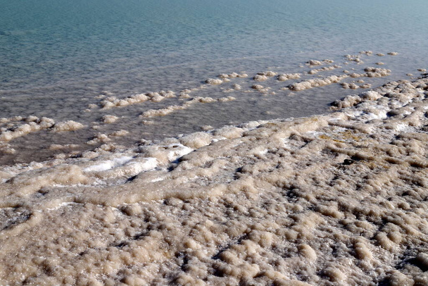 Wybrzeże Morza Martwego na pustyni Judejskiej na granicy Izraela i Jordanii. Kryształy soli mineralnej na wybrzeżu.  - Zdjęcie, obraz