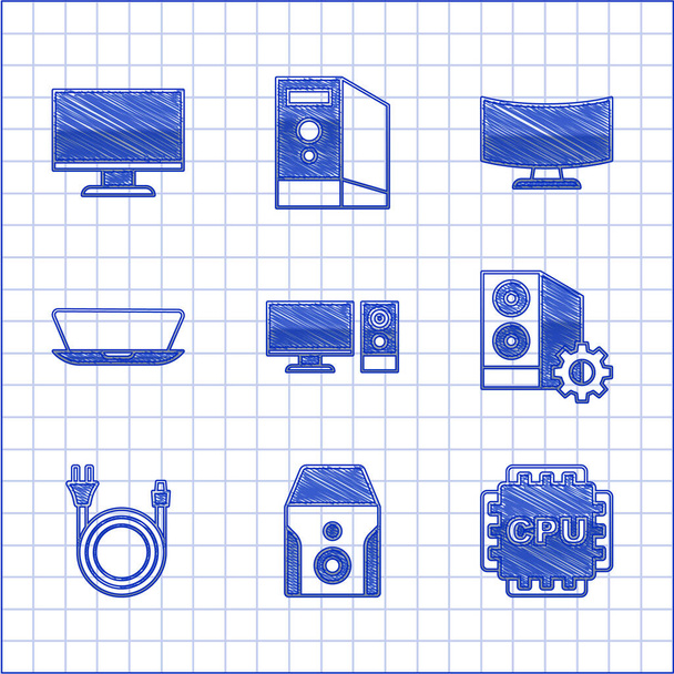 Computermonitor, Unterbrechungsfreie Stromversorgung, Prozessor mit CPU, Computergehäuse, Stecker, Laptop, Bildschirm und Symbol. Vektor - Vektor, Bild