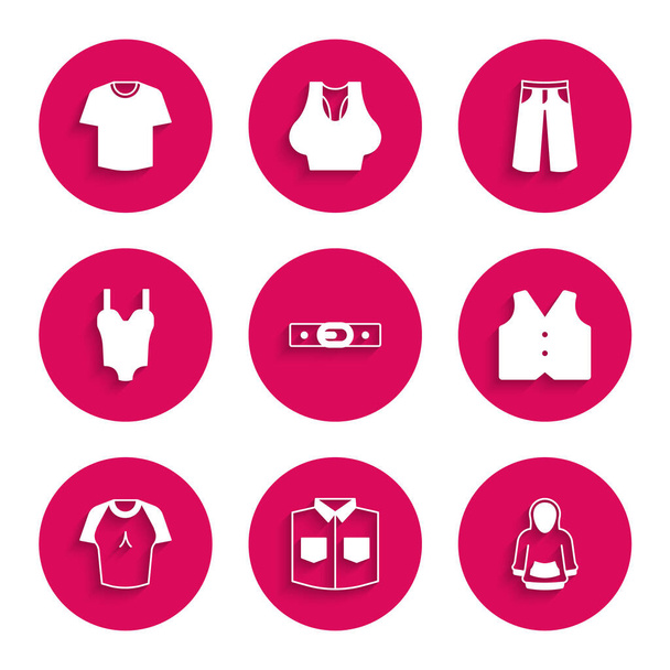 Szett öv, ing, kapucni, mellény, póló, fürdőruha, nadrág és ikon. Vektor - Vektor, kép
