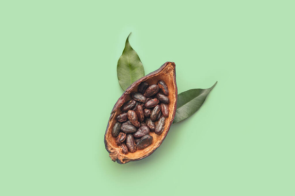 From above of half of organic cocoa pod with pile of peeled Theobroma cocoa beans place don green background - Фото, зображення