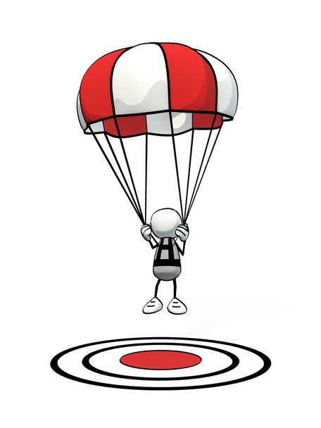 Kleiner skizzenhafter Mann mit Fallschirm präzise Landung auf rotem Zielpunkt - Foto, Bild