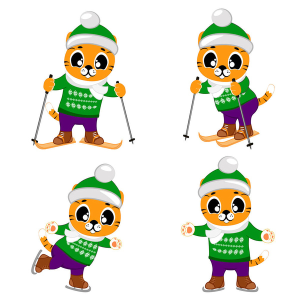 A set of cute tiger cubs skiing and skating in different poses. Cartoon vector illustration for children - Διάνυσμα, εικόνα