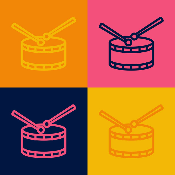 Линия поп-арта Drum со значком барабанных палочек на цветном фоне. Музыкальный знак. Символ музыкального инструмента. Вектор - Вектор,изображение