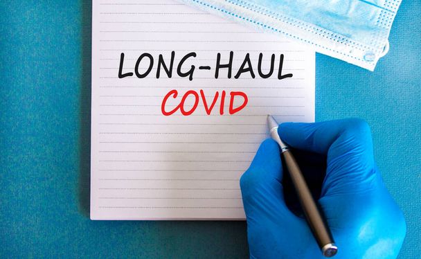 COVID-19 long-haul covid symptoms symbol. White card with words long-haul covid. Doctor hand, pen, beautiful blue background, copy space. Medical, COVID-19 long-haul covid symptoms concept. - Fotó, kép