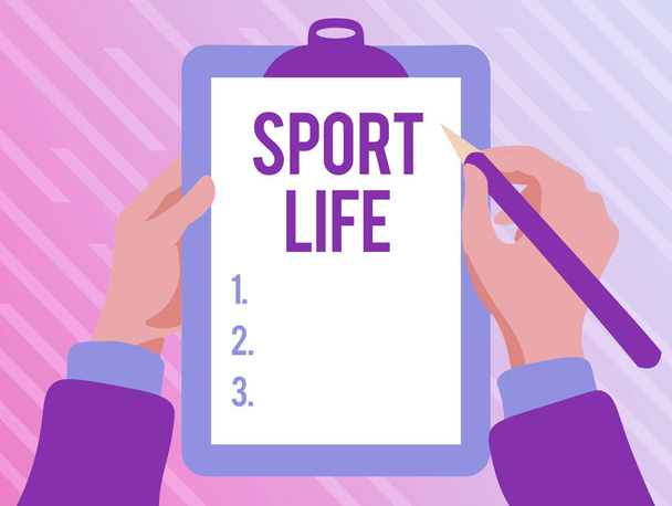 Koncepční titulek Sport Life. Obchodní nápad Fond sportovních nebo jiných outdoorových aktivit Fyzicky aktivní hraní klávesové hry, tvorba a zpracování digitálních dokumentů - Fotografie, Obrázek