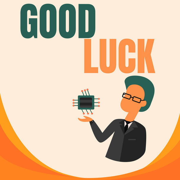 Text showing inspiration Good Luck. Business showcase wish a positive fortune or a happy outcome that a person can have Man Drawing Standing And Holding Computer Microchip Showing New Tech. - Photo, Image