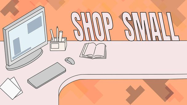 Inspiráló szöveg Shop Small. Szó Írt országos mozgalom, amely ünnepli a kisvállalkozások minden nap Office Desk számítógép toll tulajdonosa és nyílt üres notebook. - Fotó, kép