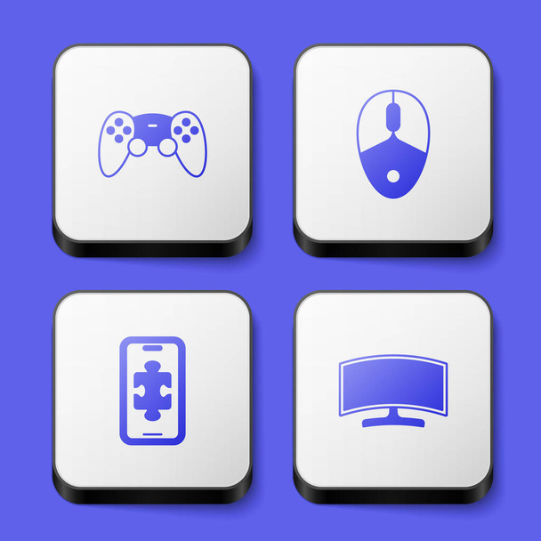 Set Game-Controller oder Steuerknüppel, Computermaus, Mobile Gaming und Monitor-Symbol. Weiße quadratische Taste. Vektor - Vektor, Bild