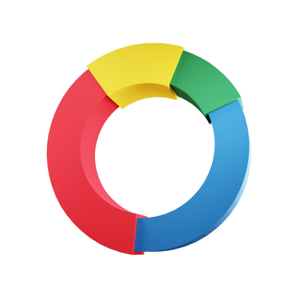 Pie chart with a hole in the center on a white background. 3d render illustration of donut graph for presentation. Pop up categories on a circle, different colors. - Fotoğraf, Görsel