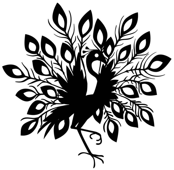 Peacock feathers spread standing pose stencil black, vector illustration, horizontal, isolated - ベクター画像