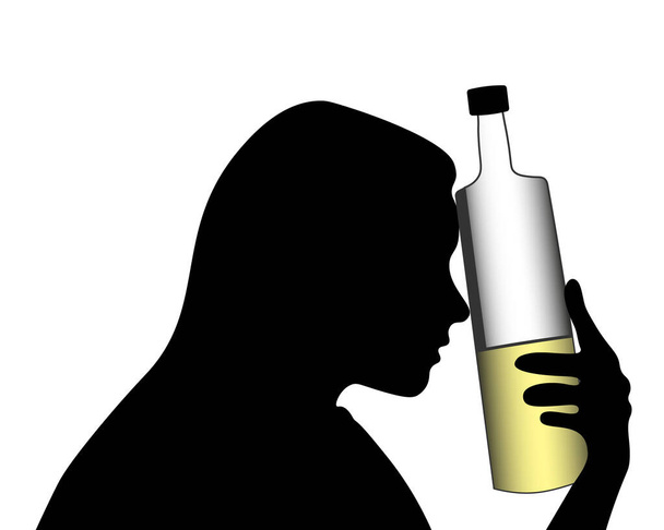 vrouwelijk alcoholisme, illustratie van een vrouw met een fles alcohol, affiche voor tekst - Vector, afbeelding