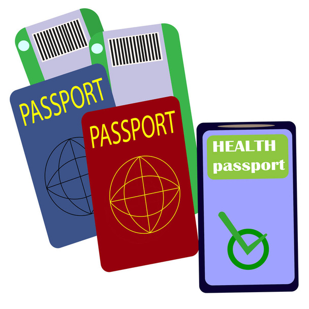 Два заграничных паспорта, два пассажирских билета и посадочные талоны на самолет и телефон с паспортом здоровья и разрешением на полет. концепция авиаперелетов на самолете, международного туризма и путешествий - Вектор,изображение