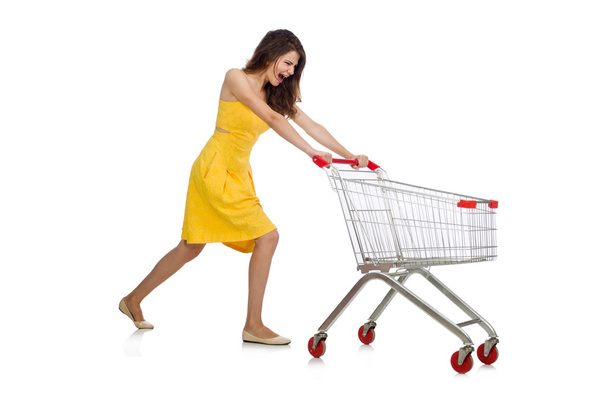Mulher com carrinho de compras isolado em branco
 - Foto, Imagem