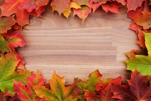 Frontera de otoño hojas de arce sobre madera
 - Foto, imagen