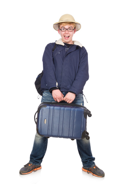 Funny man with luggage wearing safari hat - Zdjęcie, obraz