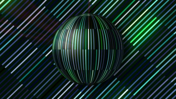 Primer plano de una bola de espejo disco reflectante colorido girando lentamente sobre un fondo rayado de color. Moción. Espejo bola girando sobre un fondo negro, lazo sin costuras. - Foto, Imagen