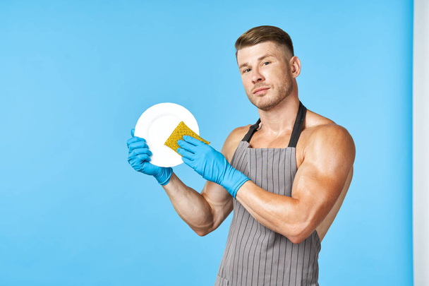 householder in aprons washing dishes cleaning service - 写真・画像