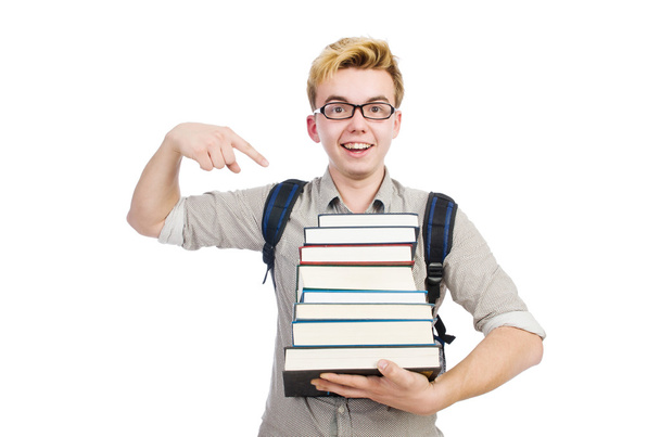 Funny student with stack of books - Zdjęcie, obraz
