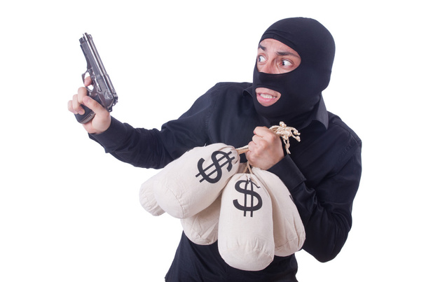 Funny criminal with gun isolated on white - Φωτογραφία, εικόνα
