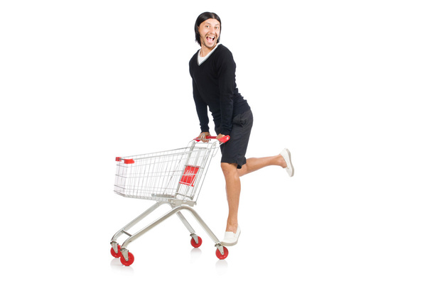 Hombre de compras con carrito cesta de supermercado aislado en blanco - Foto, imagen
