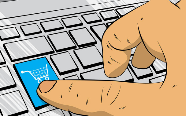 E-commerce icon, Shopping symbol on computer keyboard. Man push keypad on laptop. Comic book style concept. - Vector, Image