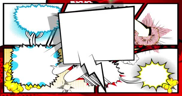 Feedback begint. Een bewegingsposter. 4k geanimeerde stripboektekst die beweegt op een abstracte stripachtergrond. Retro pop art stijl. - Video