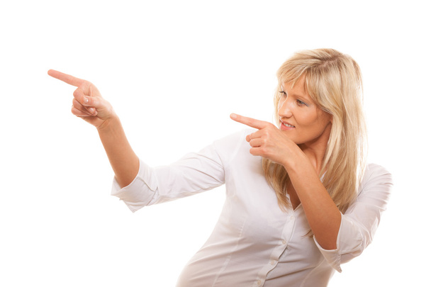 Advertisement concept - woman pointing with finger - Fotó, kép