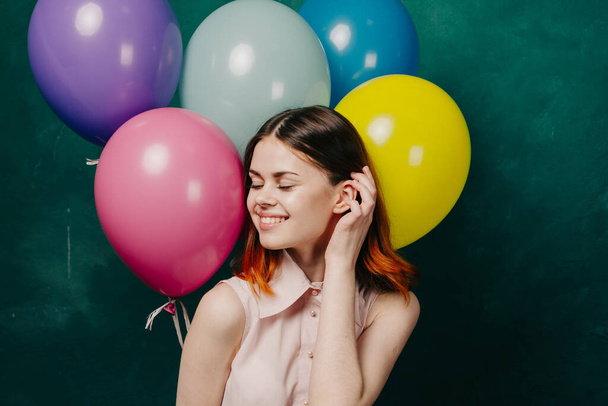 cheerful woman with colorful balloons birthday fun - Foto, Imagem