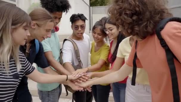 Een groep tienervrienden die elkaar high-fiven, gelukkig en gemotiveerd, plezier hebben samen. Begrip vriendschap en jeugd. - Video
