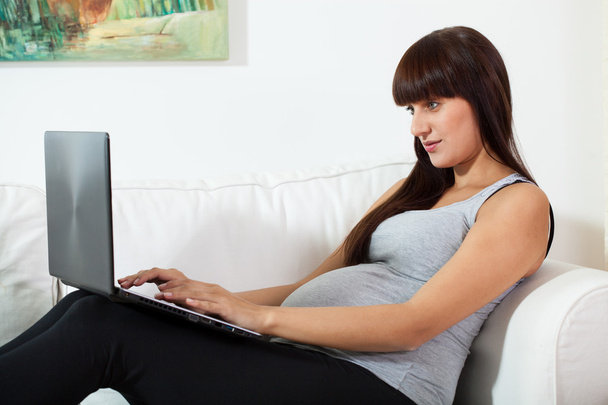 Young pregnant woman using her laptop at home - Fotoğraf, Görsel