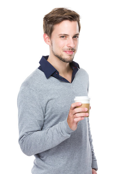 Caucasian man hold with coffee cup - Zdjęcie, obraz