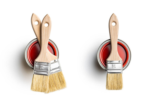Clean paint brushes and can of color isolated on white background. - Фото, зображення